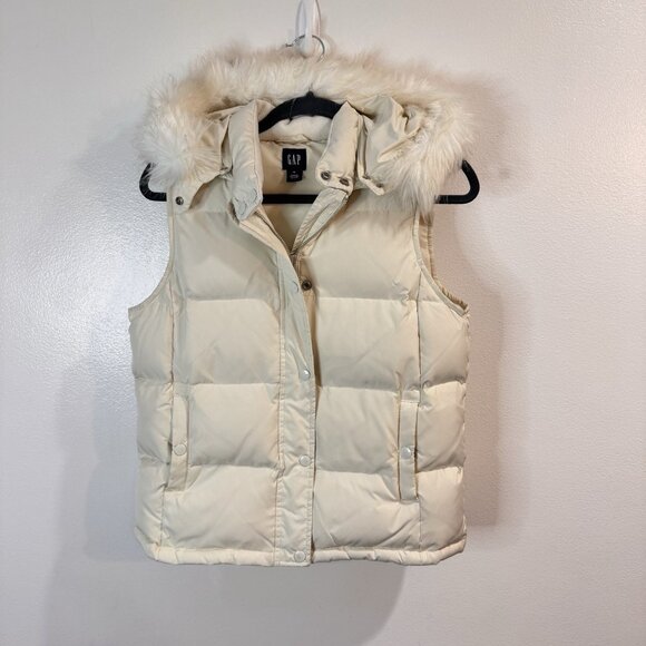 Vintage Y2K Gap Vest Womens M Puffer Down Quilted Faux Fur Hood Zip Snap - Picture 1 of 11